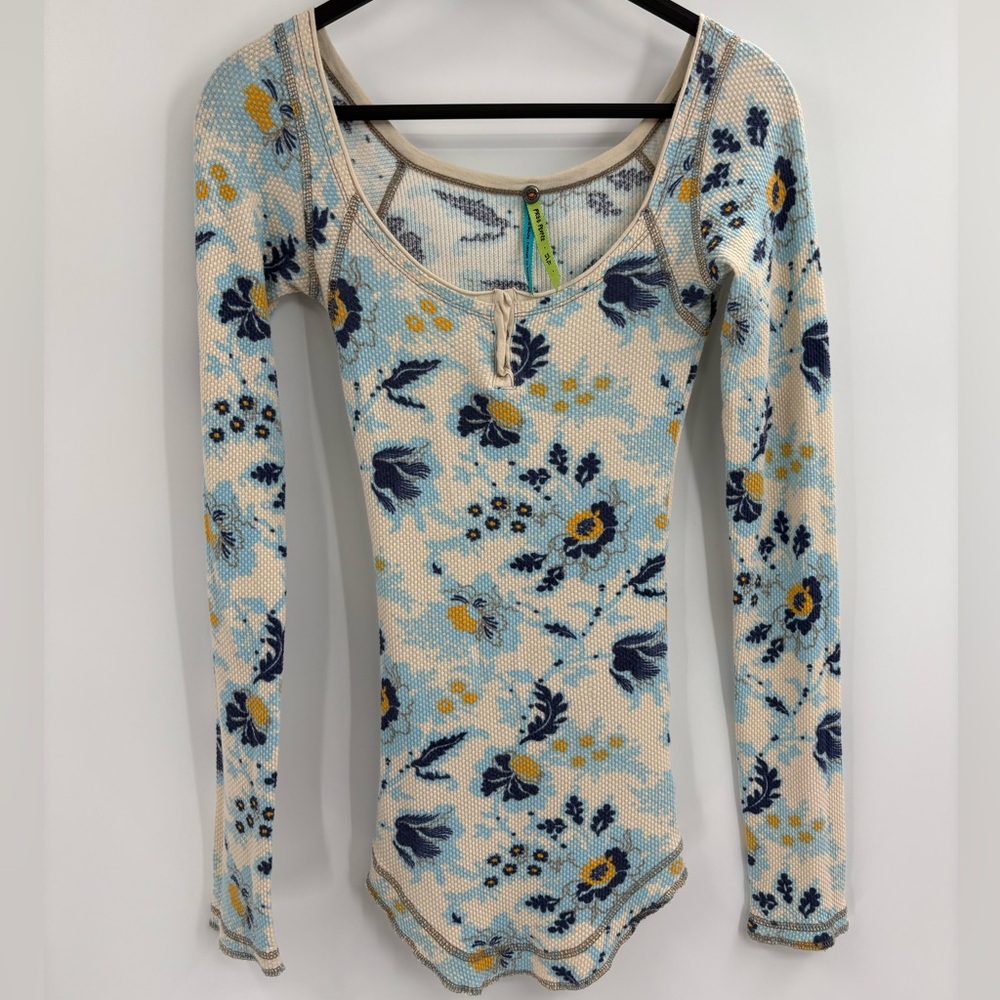 Free People Floral Long Sleeve Top - Cream and Blue